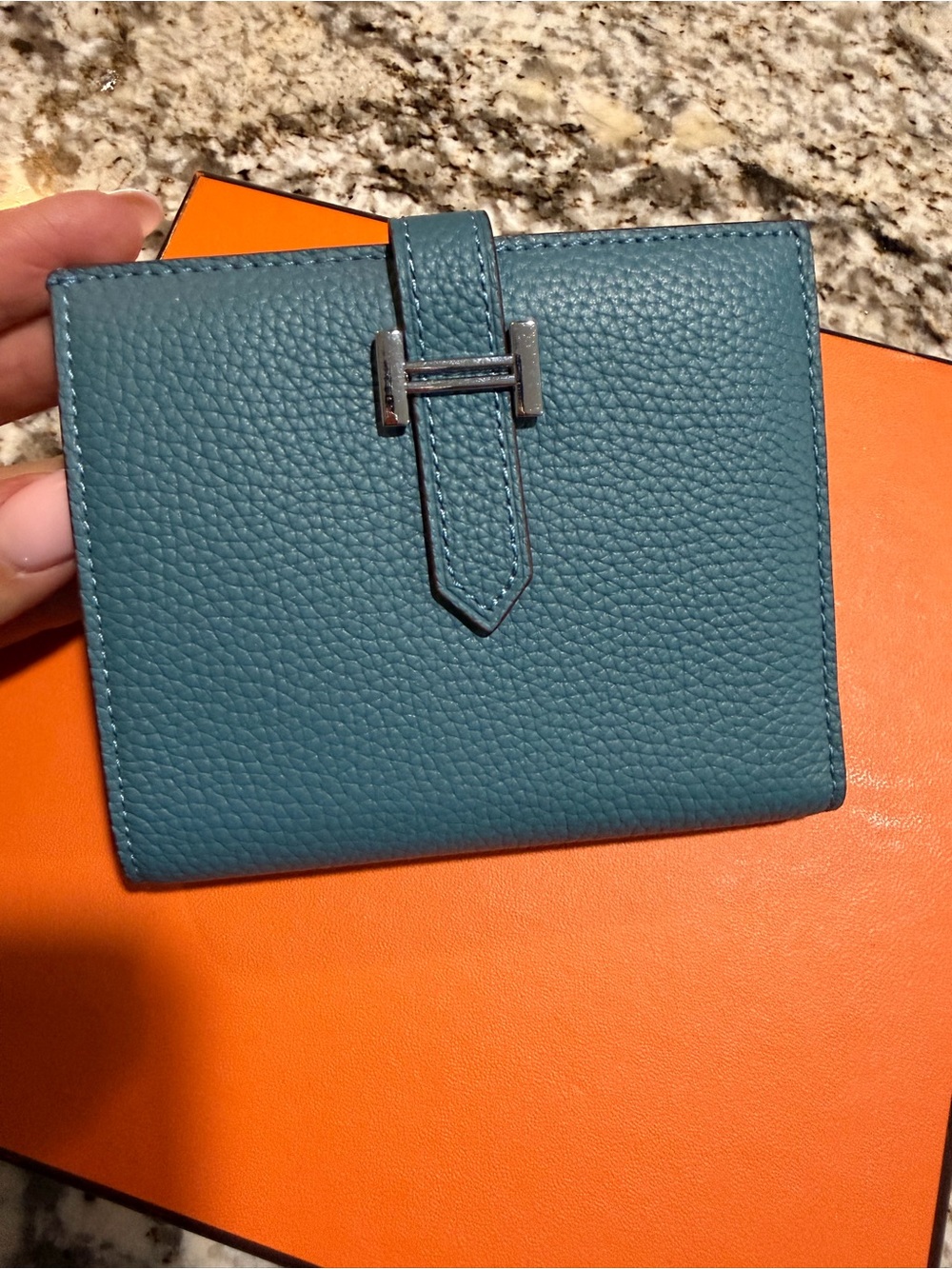 Hermes Teal Togo Leather Card Holder with H Strap